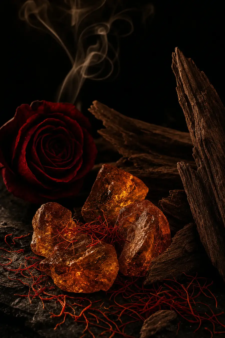 Airosyn scent library — saffron and rose over a dark backdrop